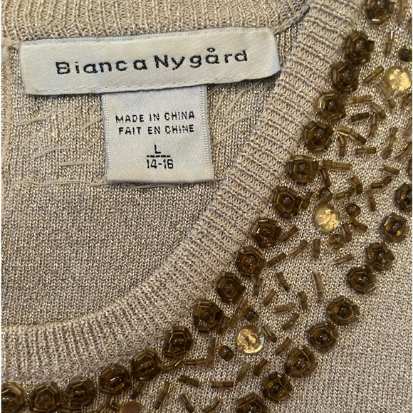 Bianca Nygard gold knit holiday shell with beading size large holiday wear - Picture 4 of 13